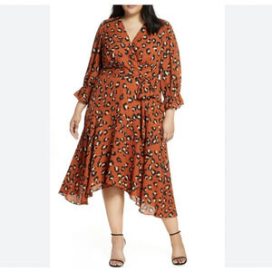 TAHARI Faux Wrap Midi Dress In Spiced Leopard Orange Midi 24W